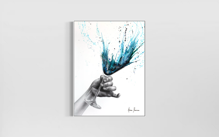 black and white grey hand in coconut charcoal realism with martini glass splatter blue and white paint expressionism ashvin harrison giclee