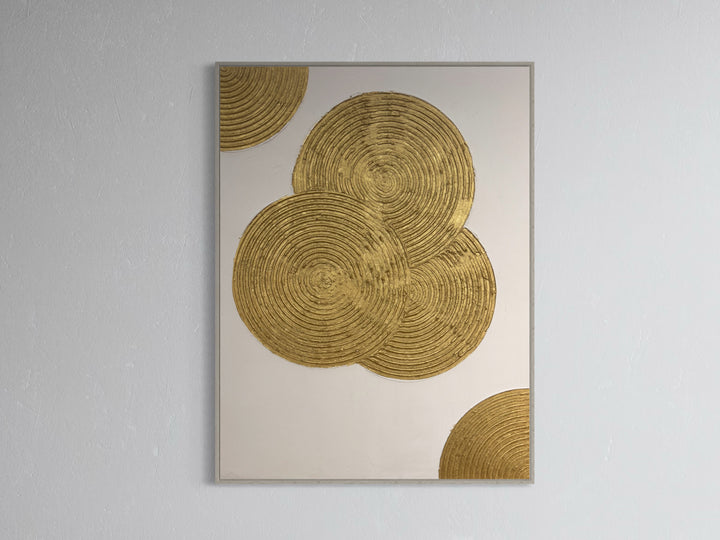 Dilation by Lee in Cerulean. Textured grouping of three spiraled circles overlapping with each other in gold on white background, with two more quarter spiral shapes in top left and bottom right corner
