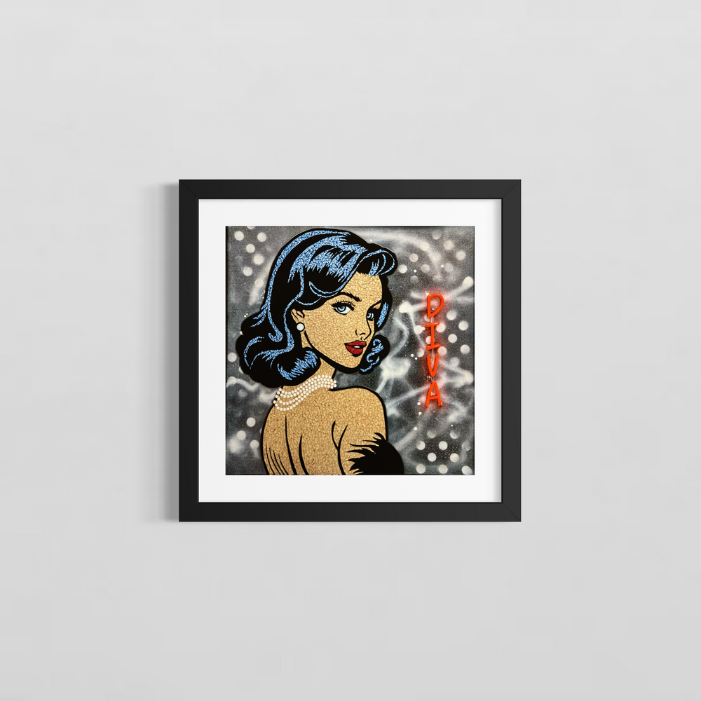 Female portrait comic style stained glass collage elegant pearls and black dress on spray painted background with neon red diva sign hand embellished with glitter