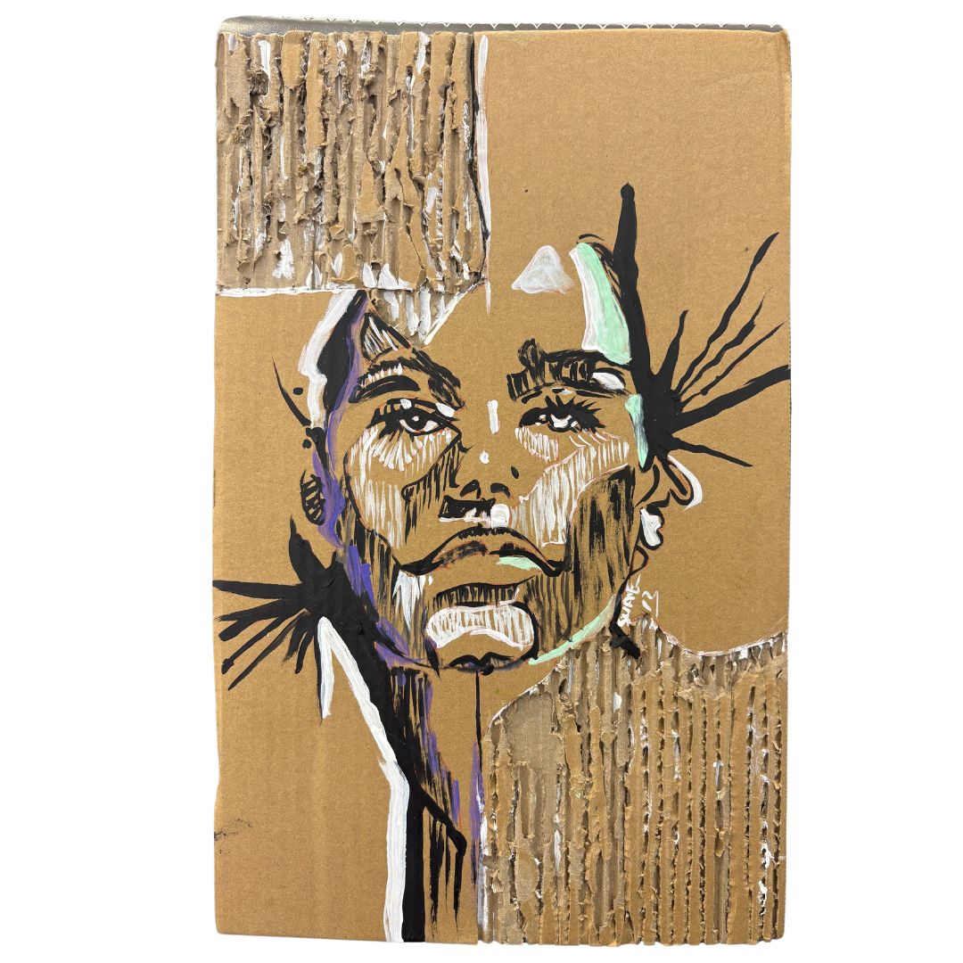 female face illustrative doodle line work on cardboard texture in black white and purple