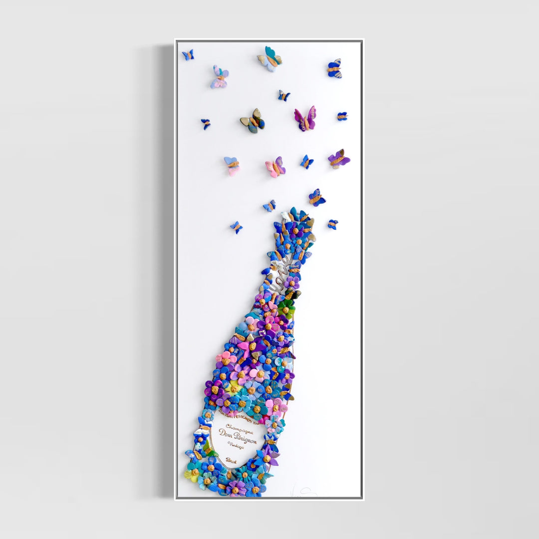 3 dimensional painting mixed media artwork modeling clay champagne alcohol bottle textured with butterflies coming out of bottle on canvas white background floral botanical