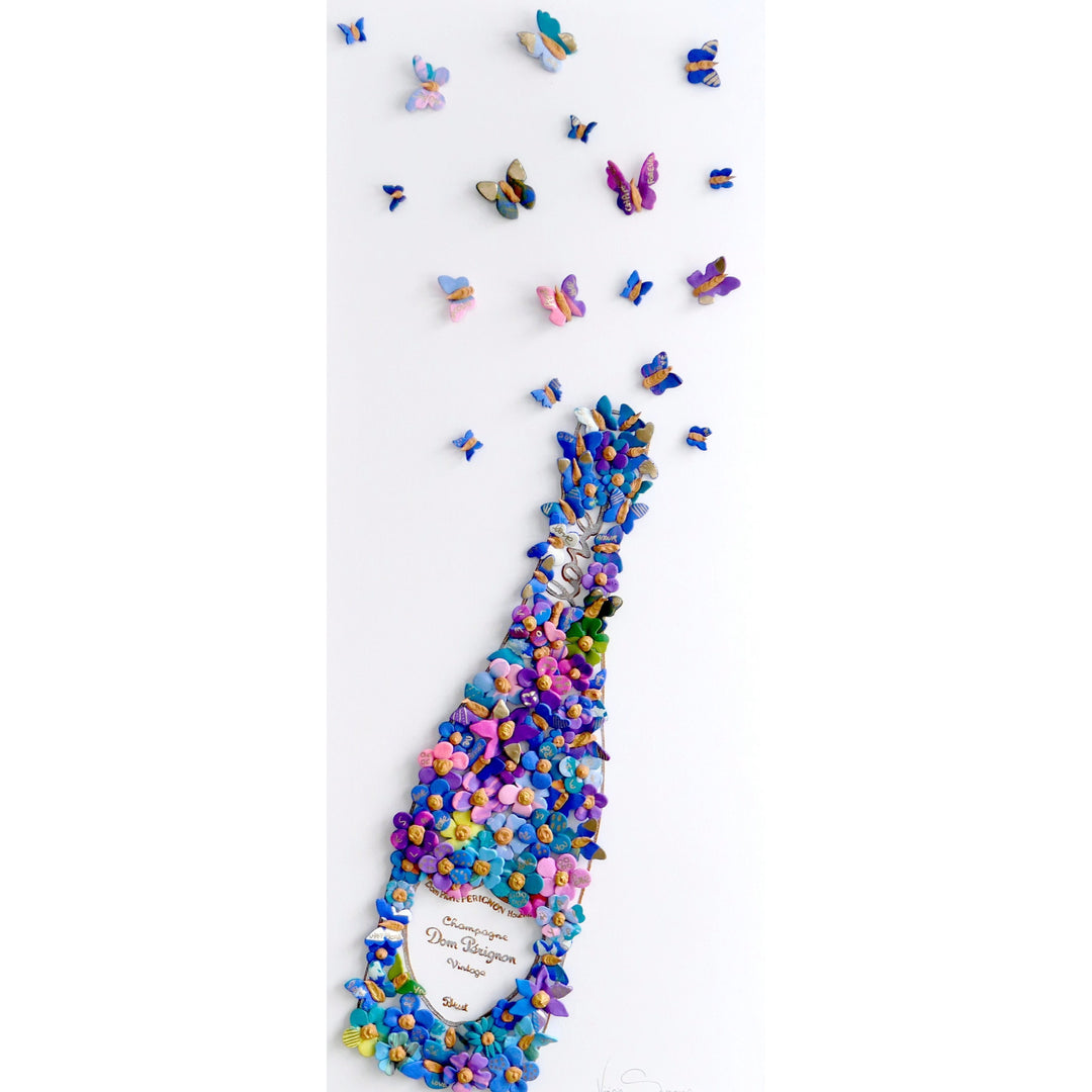 3 dimensional painting mixed media artwork modeling clay champagne alcohol bottle textured with butterflies coming out of bottle on canvas white background floral botanical