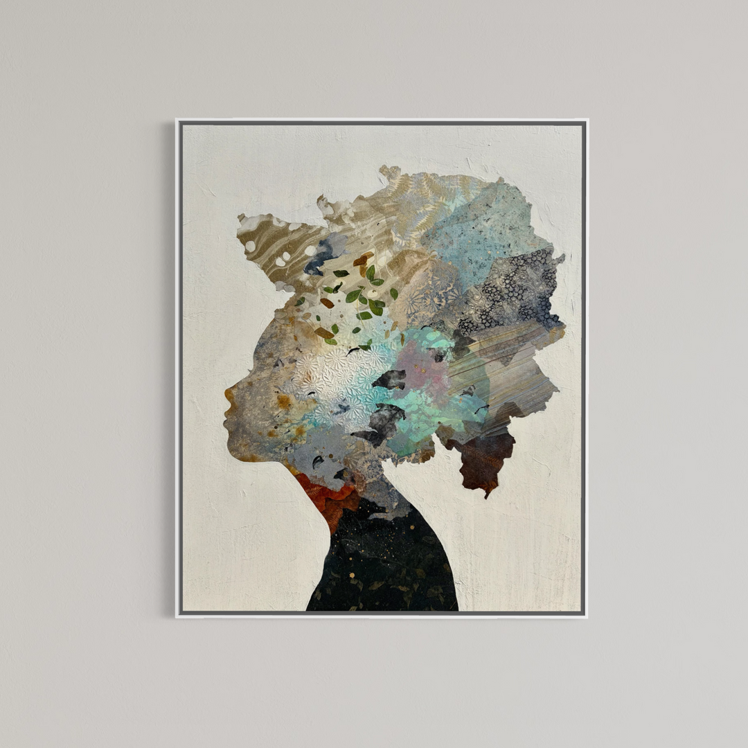 "Dream Pieces" by Christopher Peter — a mixed-media collage painting on canvas depicting a woman&
