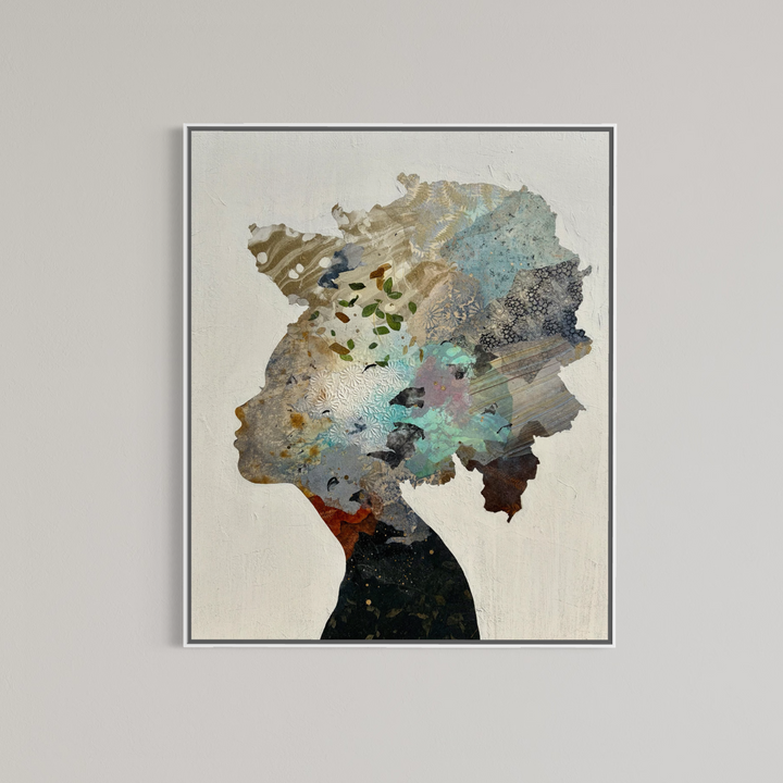"Dream Pieces" by Christopher Peter — a mixed-media collage painting on canvas depicting a woman&