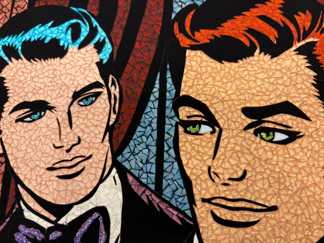 limited edition stain glass mosaic giclee print hand embellished with glitter  text bubble comic style retro vintage men in tuxedos flirting blue hair and red hair 