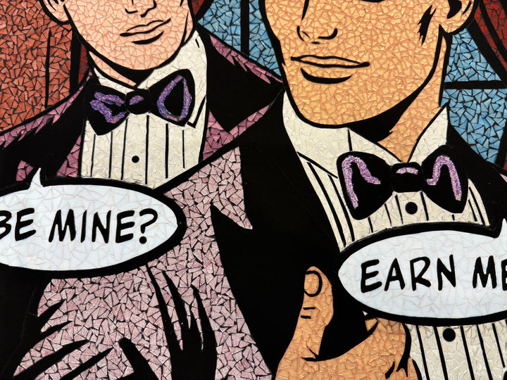 limited edition stain glass mosaic giclee print hand embellished with glitter  text bubble comic style retro vintage men in tuxedos flirting blue hair and red hair 