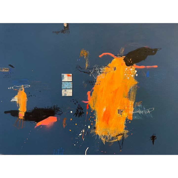 abstract splotch of orange paint on bluish grey background, found objects collage on top and doodle sketches in pen and pencil on canvass