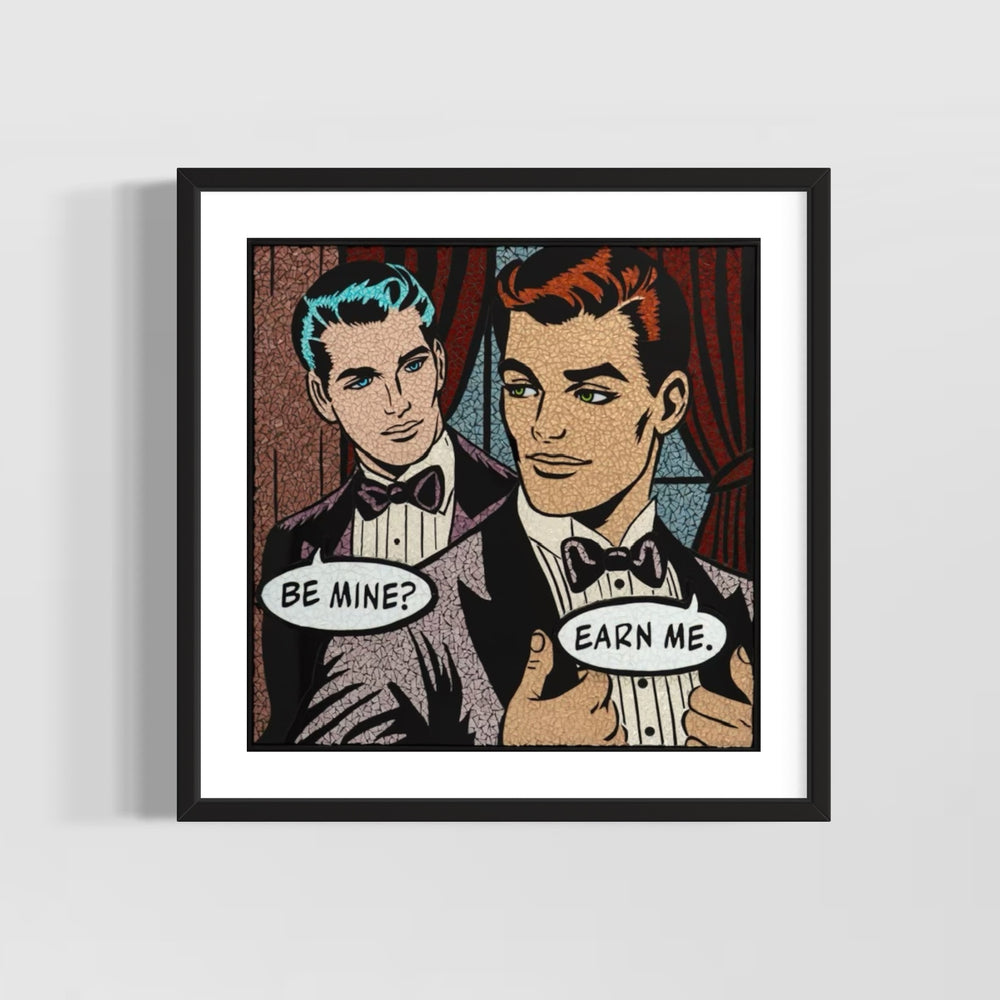 limited edition stain glass mosaic giclee print hand embellished with glitter  text bubble comic style retro vintage men in tuxedos flirting blue hair and red hair 