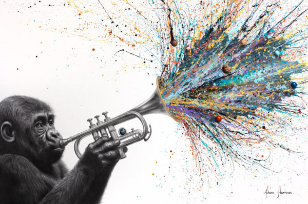 monkey in black and white playing trumpet abstract expression splatter paint on white canvas and planets 