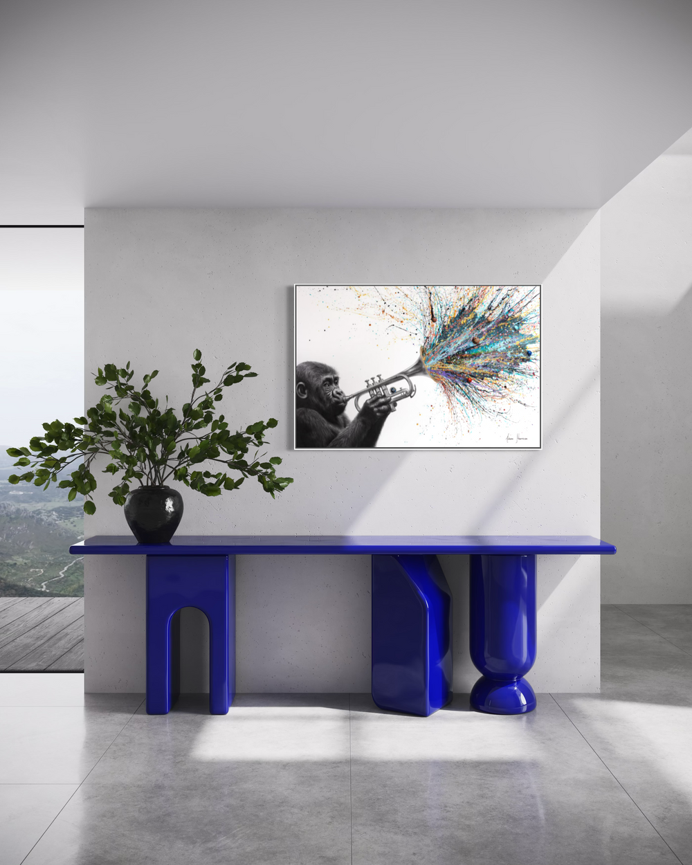 monkey in black and white playing trumpet abstract expression splatter paint on white canvas and planets 