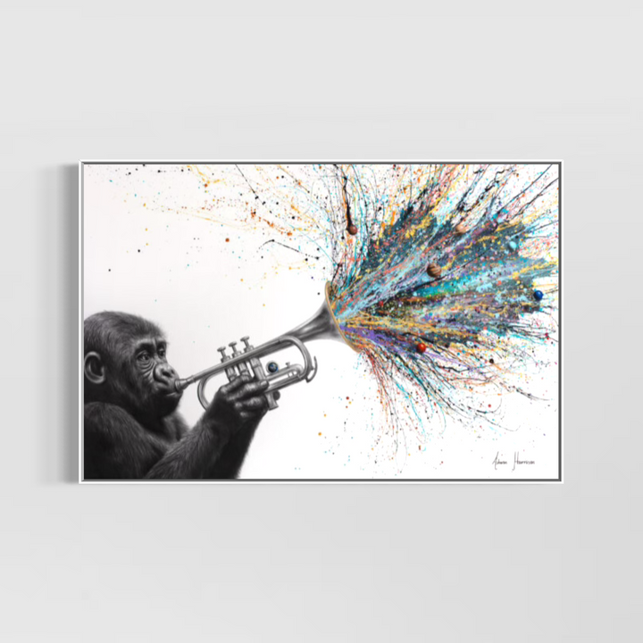 monkey in black and white playing trumpet abstract expression splatter paint on white canvas and planets 