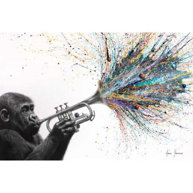 monkey in black and white playing trumpet abstract expression splatter paint on white canvas and planets 