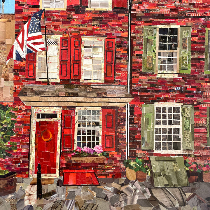 landscape cityscape urban brick buildings with paned windows and red bricks made of cut paper magazine collage