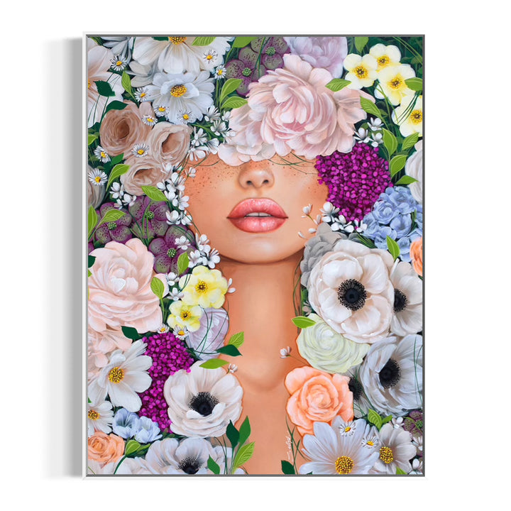 realism female portrait floral flowers leaves surrounding composition in acrylic on canvas