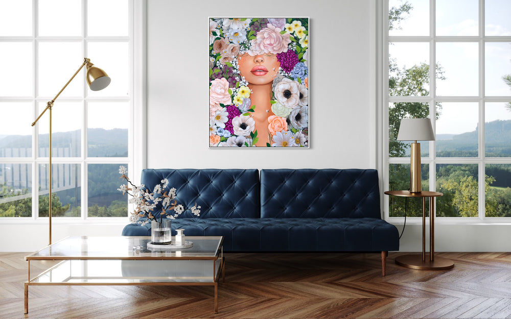 realism female portrait floral flowers leaves surrounding composition in acrylic on canvas