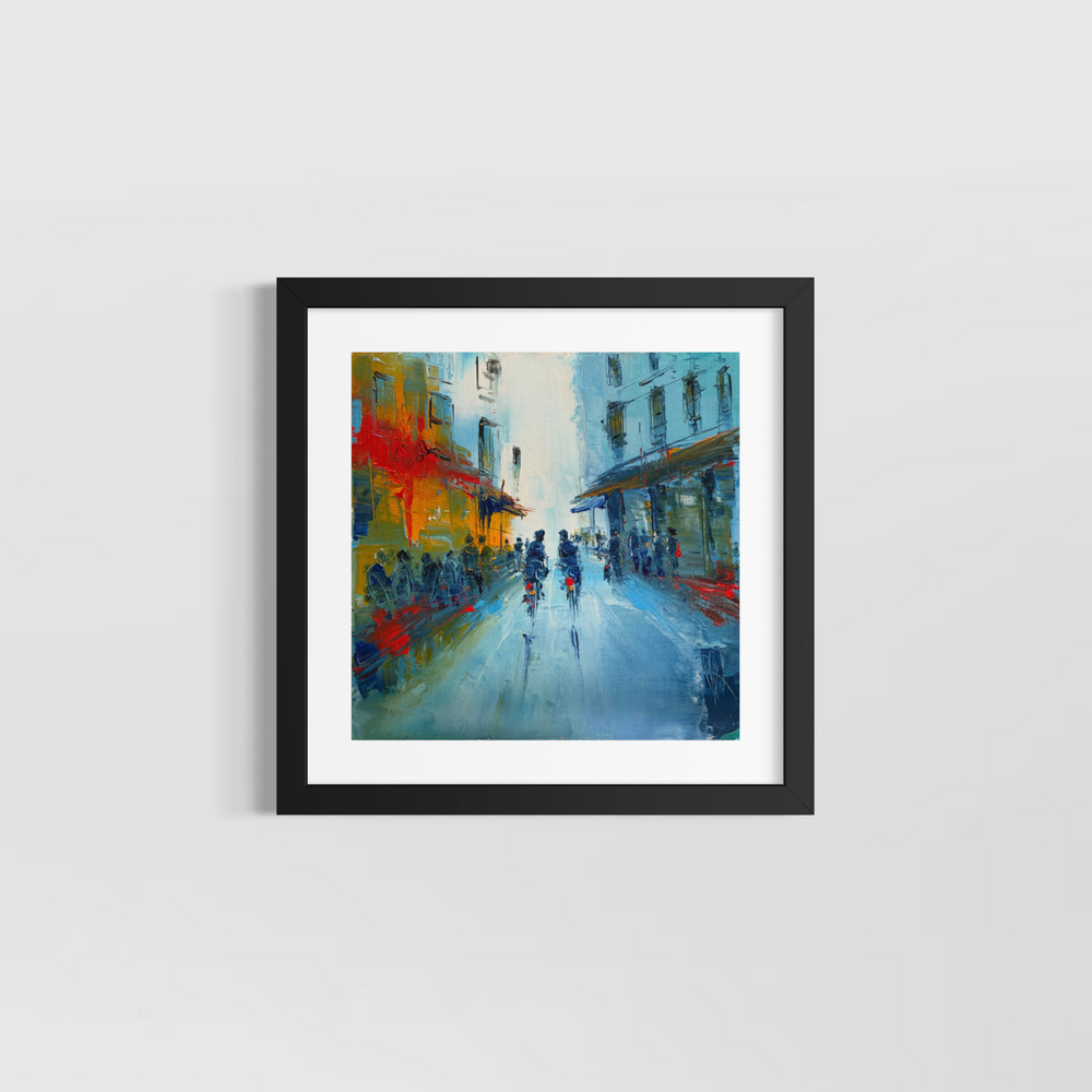 Christian Raffin, En Soirée, oil on canvas, 14 x 14 inches, shown in a black frame with a white mat hanging on a light grey wall.
