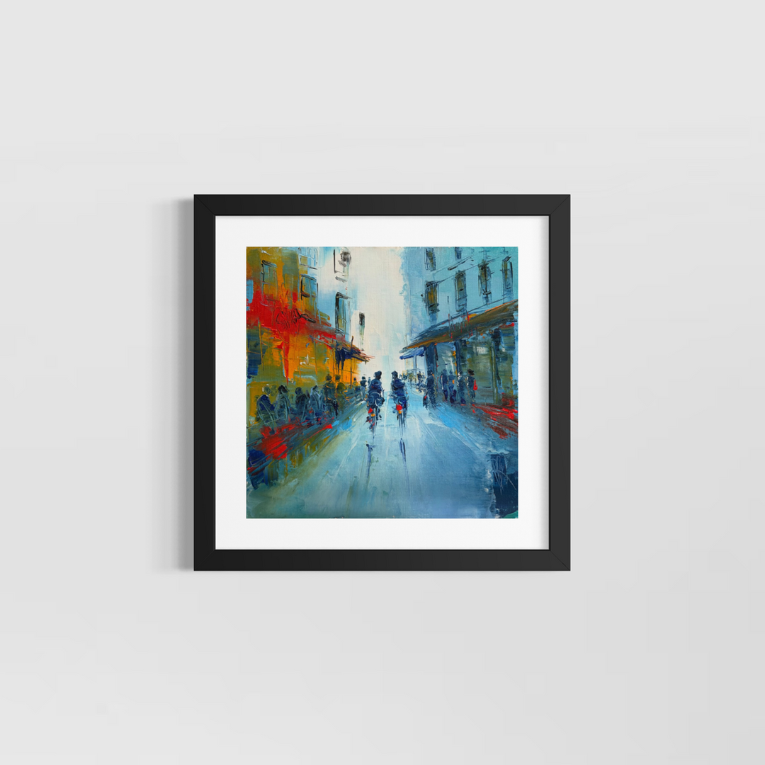 Christian Raffin, En Soirée, oil on canvas, 14 x 14 inches, shown in a black frame with a white mat hanging on a light grey wall.