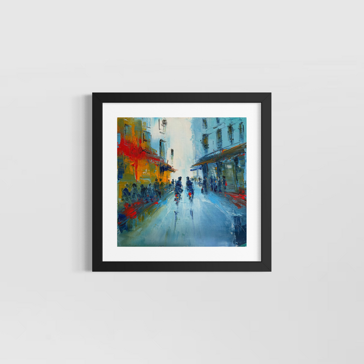 Christian Raffin, En Soirée, oil on canvas, 14 x 14 inches, shown in a black frame with a white mat hanging on a light grey wall.