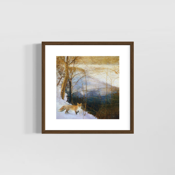 winter lake landscape with trees and fox in foreground realism nature woods oil painting 
