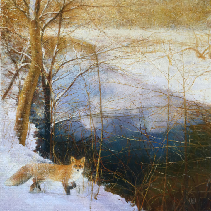 winter lake landscape with trees and fox in foreground realism nature woods oil painting 