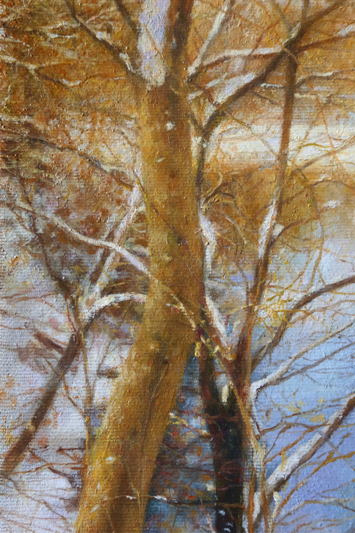 winter lake landscape with trees and fox in foreground realism nature woods oil painting 