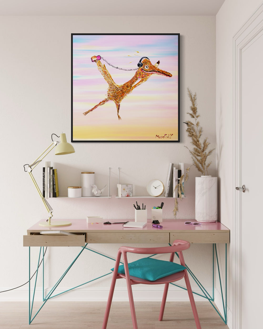 36" x 36" acrylic on canvas painting of a orange bird listening to music over a pastel gradient background. 