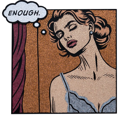 woman standing longing and tired, wearing blue grey top against orange background with red curtain and text bubble with enough in comic style glass mosaic print
