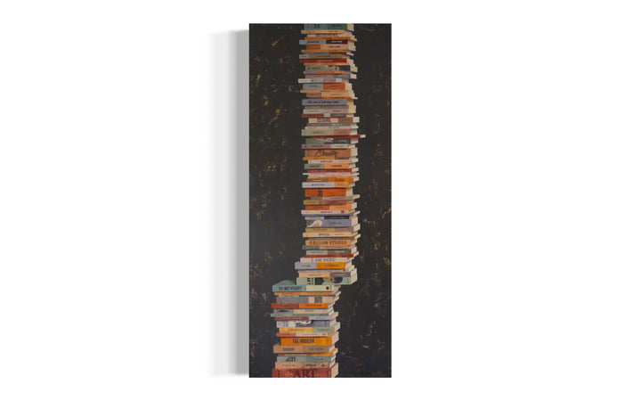 Equilibrium III, artwork by Tomasa Martín. Oil and acrylic on linen painting of stacked books on a charcoal gray background.