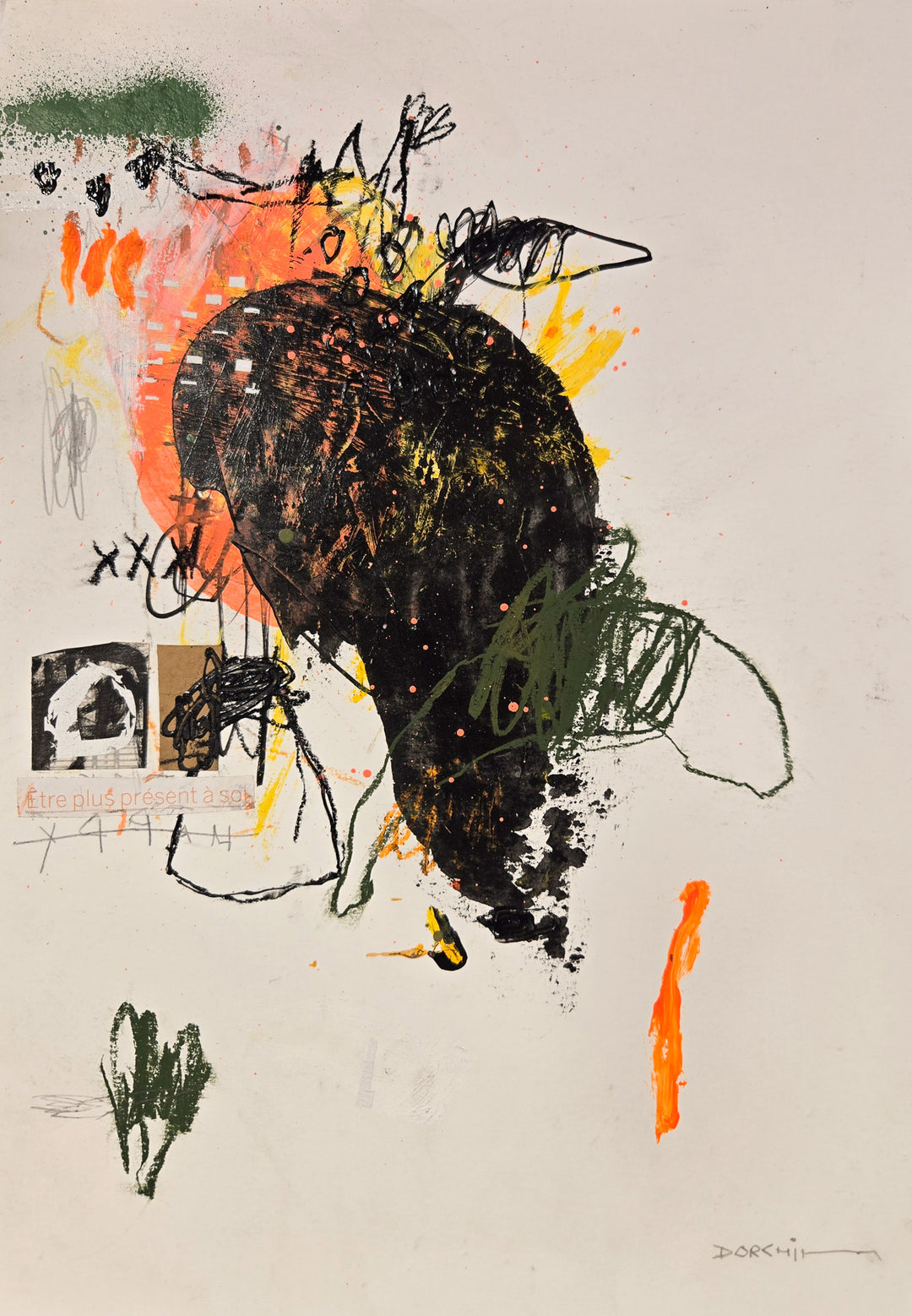 Abstract mixed media artwork on paper by Laurent Dorchin in black, pink, orange, green and white. Organic linework and minimal illustrations with collage and text elements.