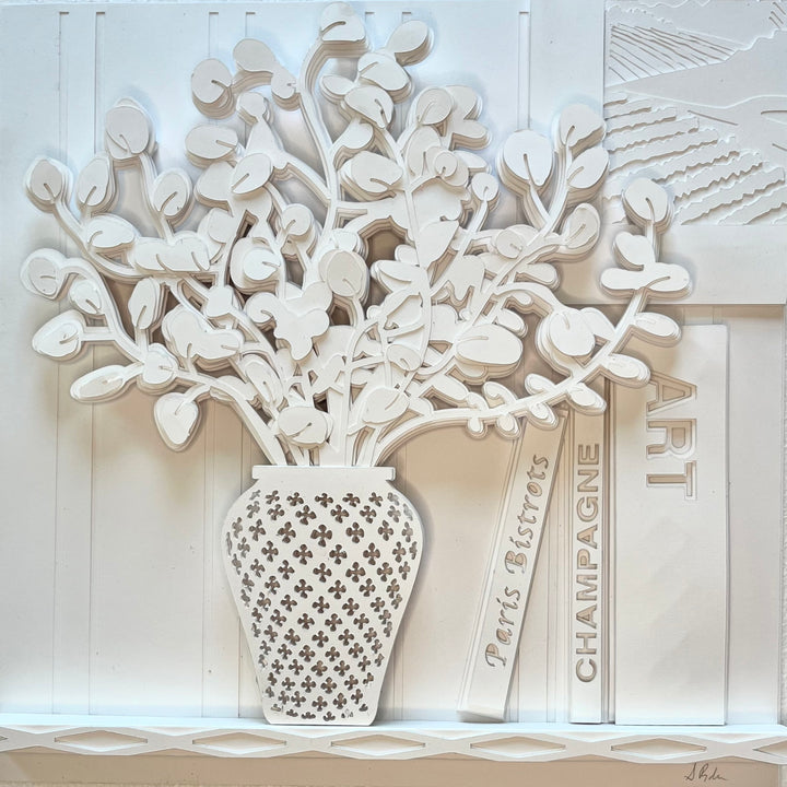 14"x14" layered white paper forming a vase with a eucalyptus over a wall.  