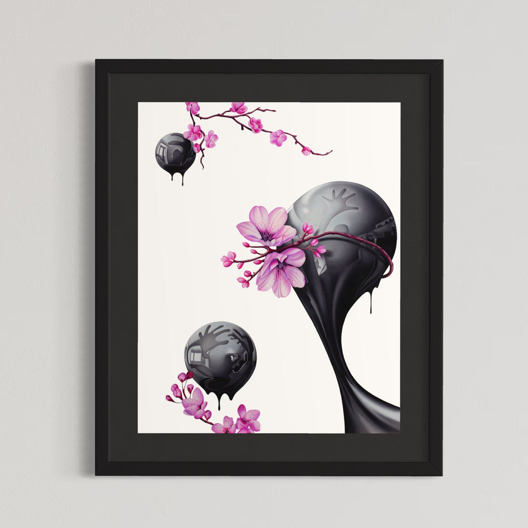 Hand drawn artwork done with pencil and marker, black, reflective drips made of an oil like substance, with pink cherry blossoms surrounding them, on a stark white background.