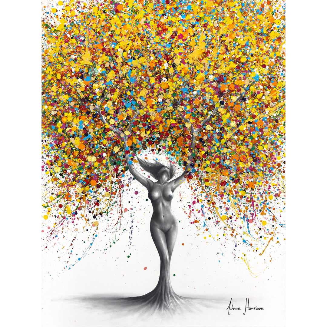 Existential Essence by Ashvin Harrison. Nude woman in black and white coconut charcoal with legs morphing into a tree trunk, her arms as branches and leaves are splattered colored paint