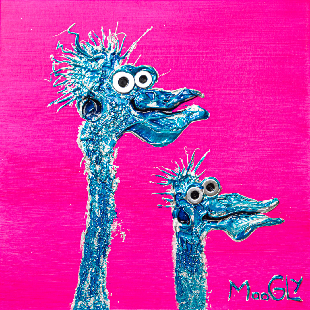 two long necked bird profile view shiny resin expressionist acrylic resin in blue on pink background