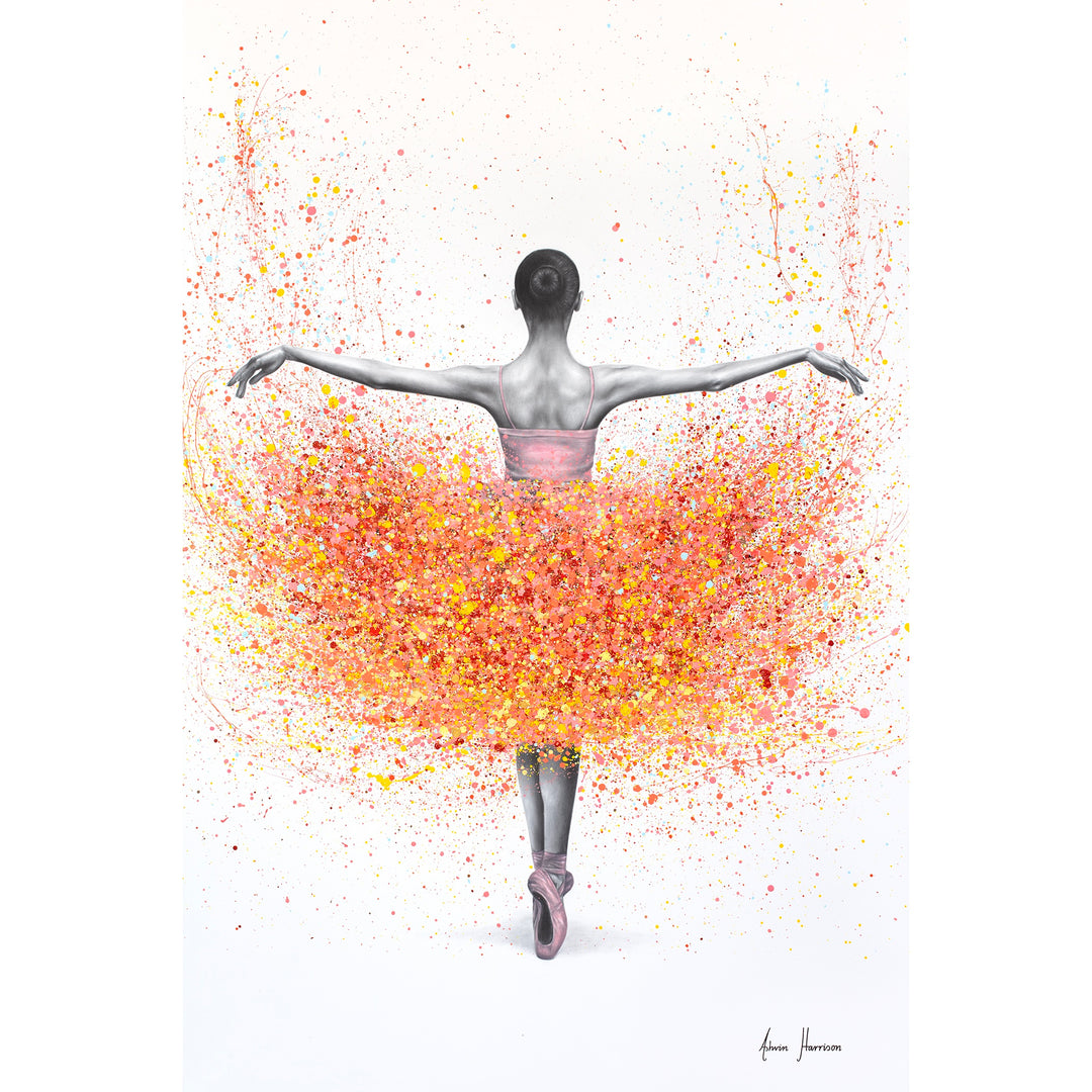 black and white realism ballerina figure posing with pink yellow red and orange paint splatter tutu on white background