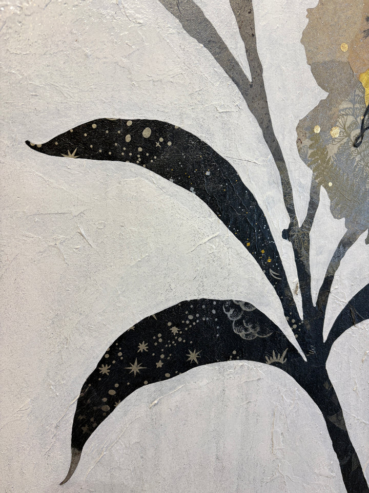 "Floral Profile" by Christopher Peter — a mixed-media collage painting on canvas depicting an elegant botanical stem of layered flowers crafted from gold leaf and marbled paper against a soft plaster-textured ivory background. Original contemporary mixed-media gold leaf botanical floral painting on canvas available at Morton Contemporary gallery.