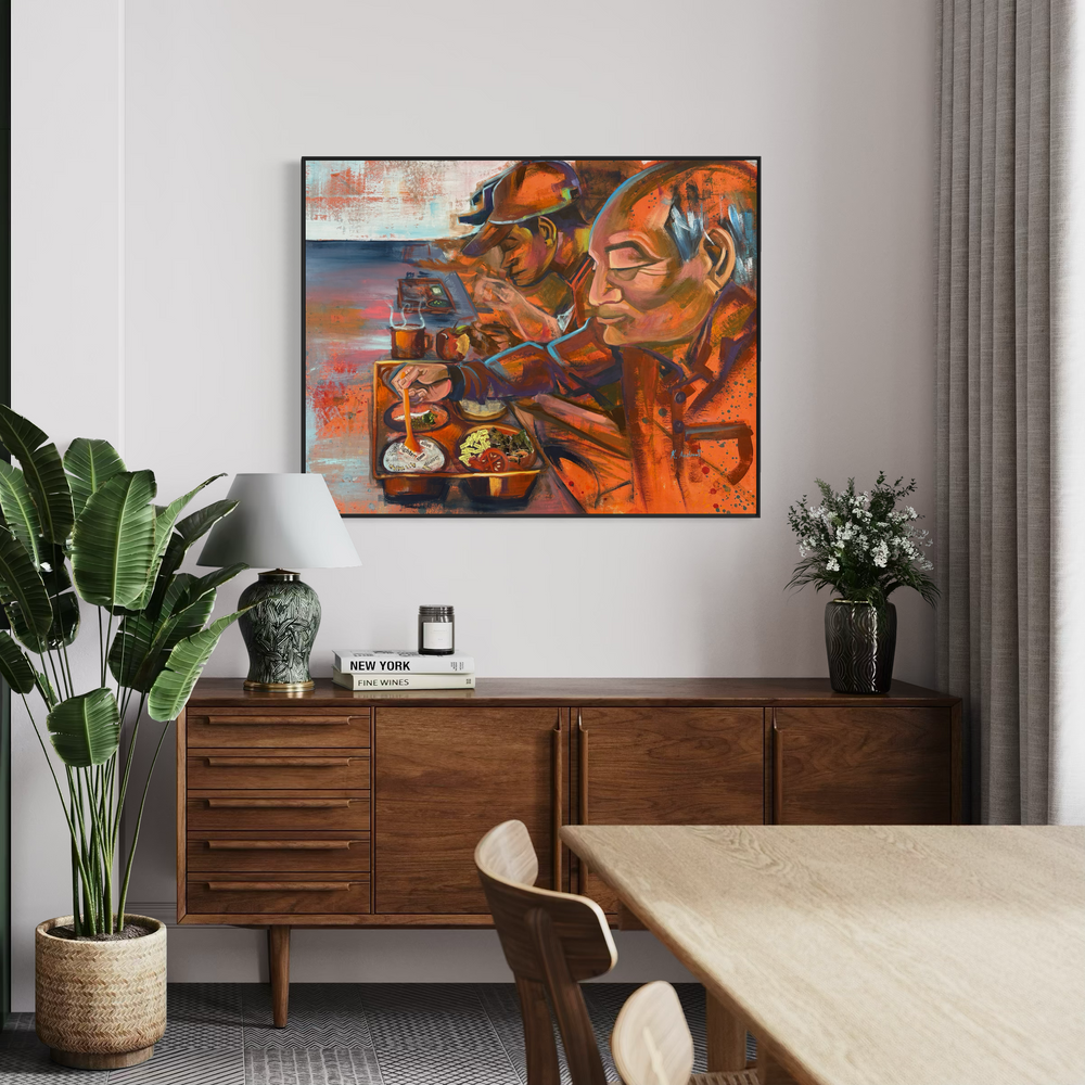 figure prison men eating food in orange jumpsuits cafeteria collage mixed media painting by keith andrews