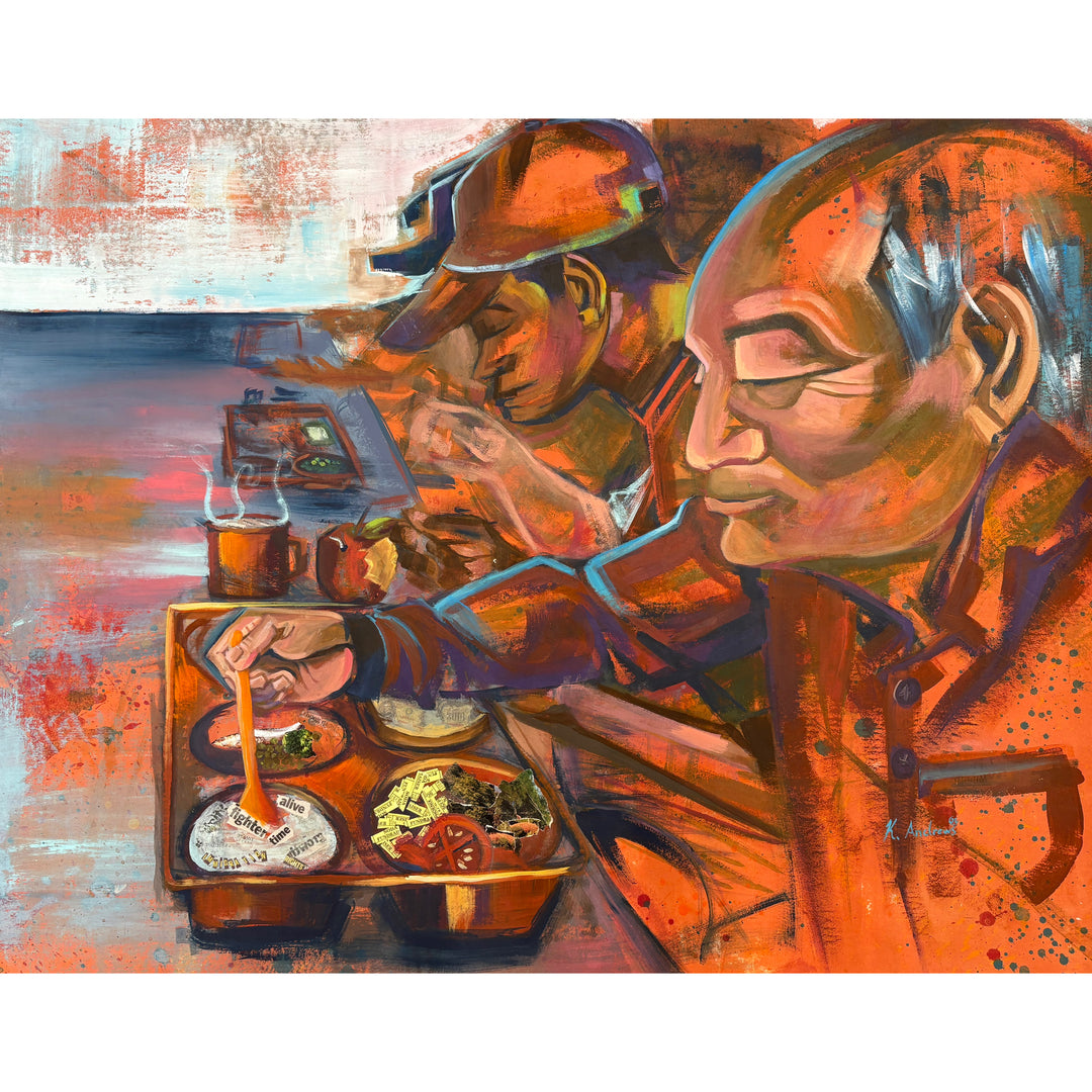 figure prison men eating food in orange jumpsuits cafeteria collage mixed media painting by keith andrews
