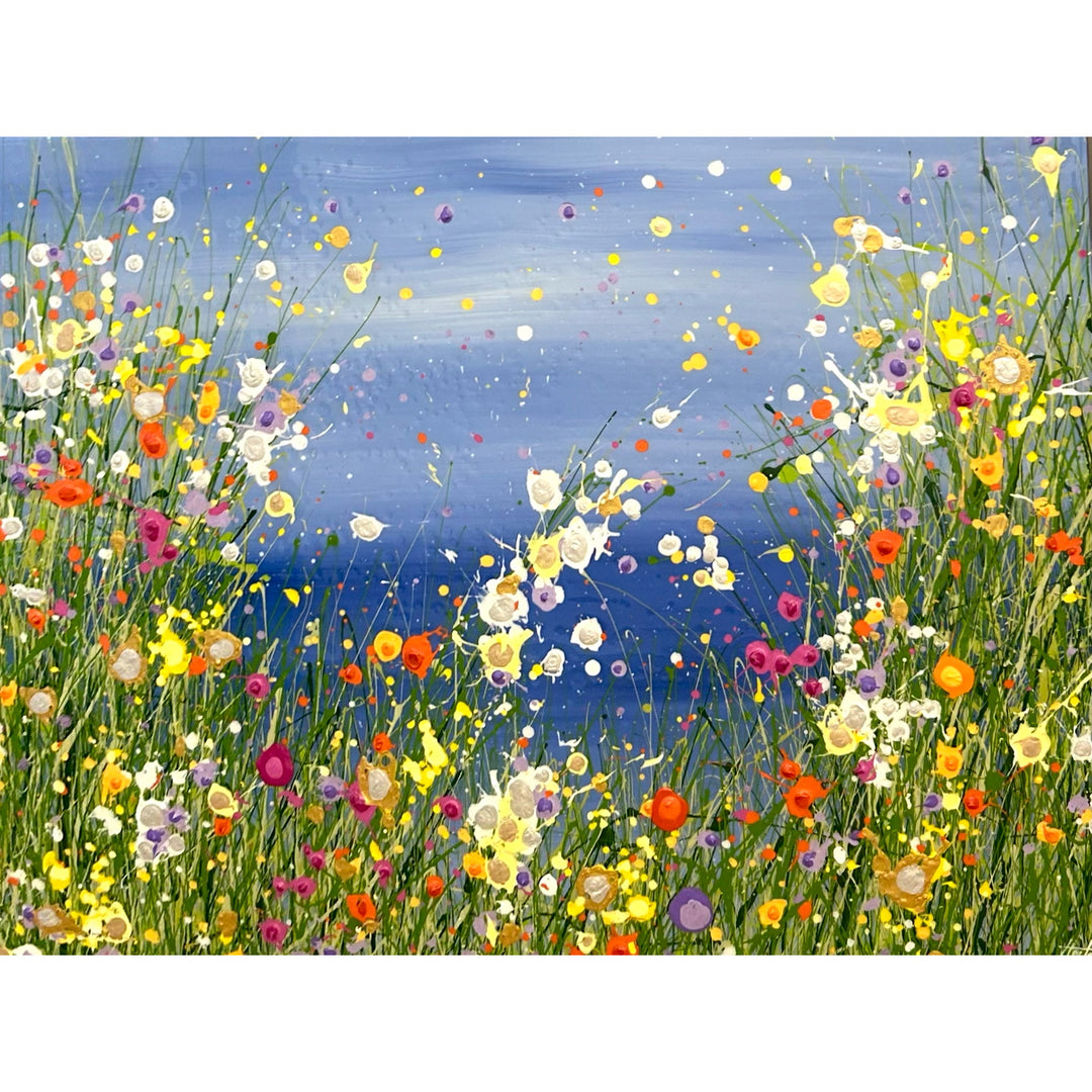 Face of Water by Eric Heitmann, 48"H x 36"W. Abstract florals in the foreground white, green, purple, pink, and orange with a light blue background. 