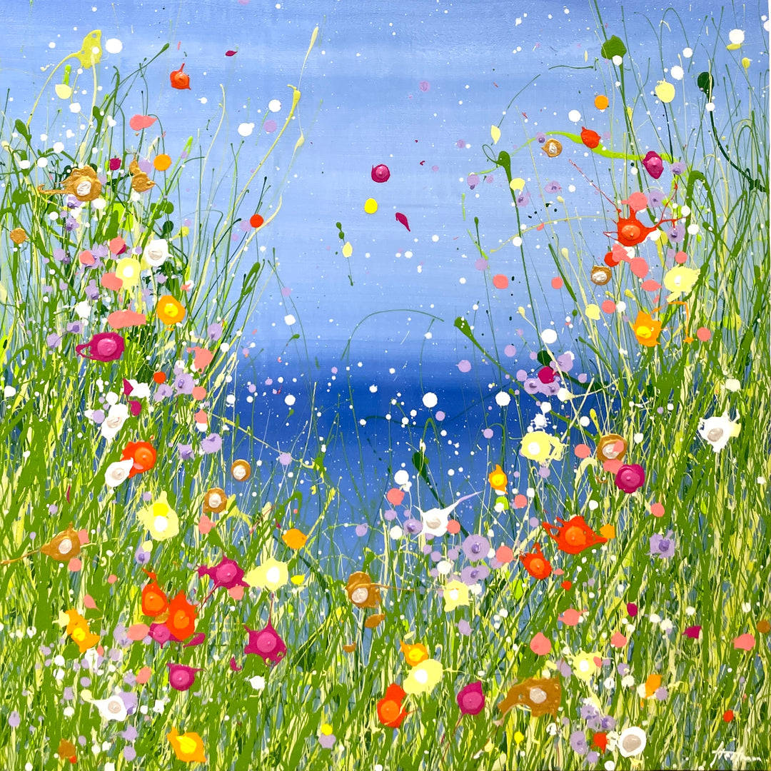 bright abstract floral landscape with pink red orange and yellow flowers in acrylic paint, green splatter lines grass, blue gradient background and resin