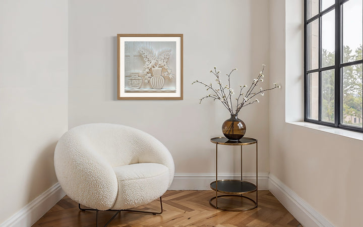 14"x14" layered white paper forming a fern in a striped vase on a wall. 