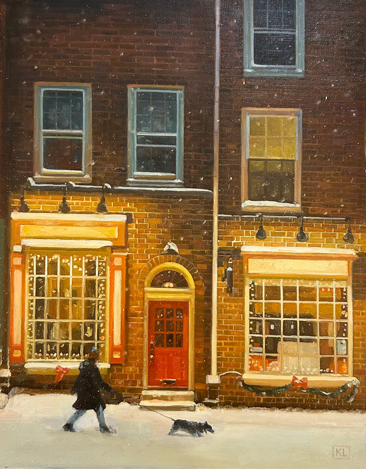 Oil Painting, cityscape, oil paint, festive, holiday, christmas, dog