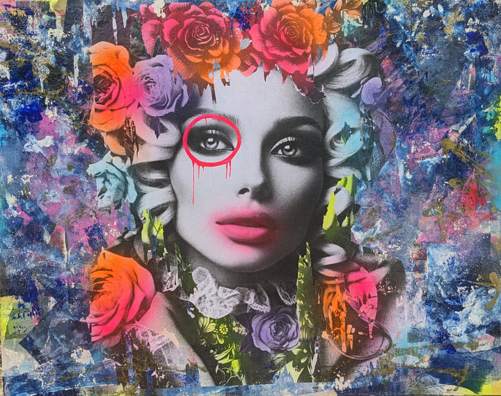 60"W x 48"H Acrylic paint, spray paint, wheat-paste, vintage advertisements, printed fragments on canvas. Woman&