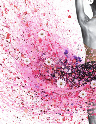 pink splatter expressionist painting tutu ballerina with white flowers black and white realism figure on white background