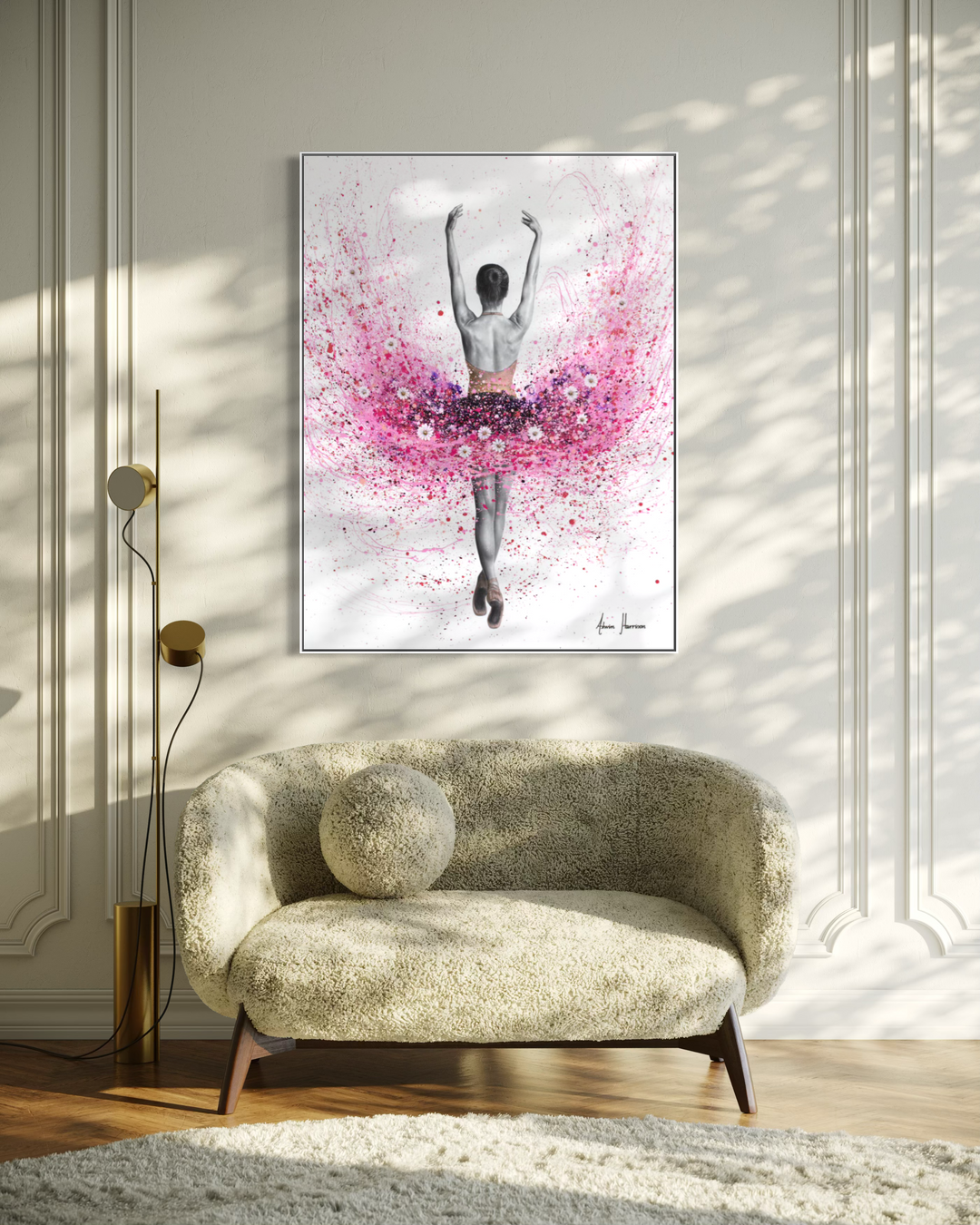 pink splatter expressionist painting tutu ballerina with white flowers black and white realism figure on white background
