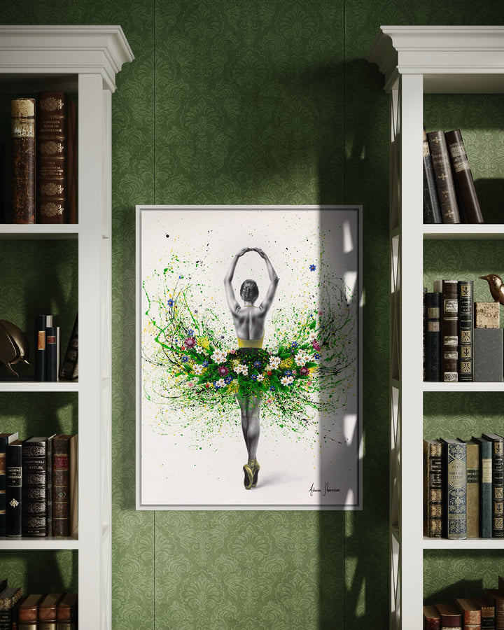 black and white ballerina dancer with arms up and green paint splatter tutu with flowers in blue pink and white on white background
