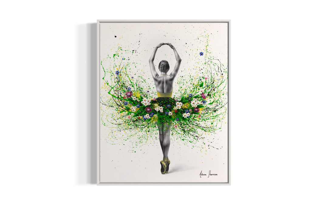 black and white ballerina dancer with arms up and green paint splatter tutu with flowers in blue pink and white on white background
