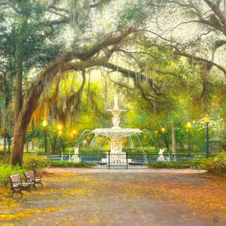 Park landscape scenery with fountain water benches over hanging trees fall foliage in green and orange in relaism oil