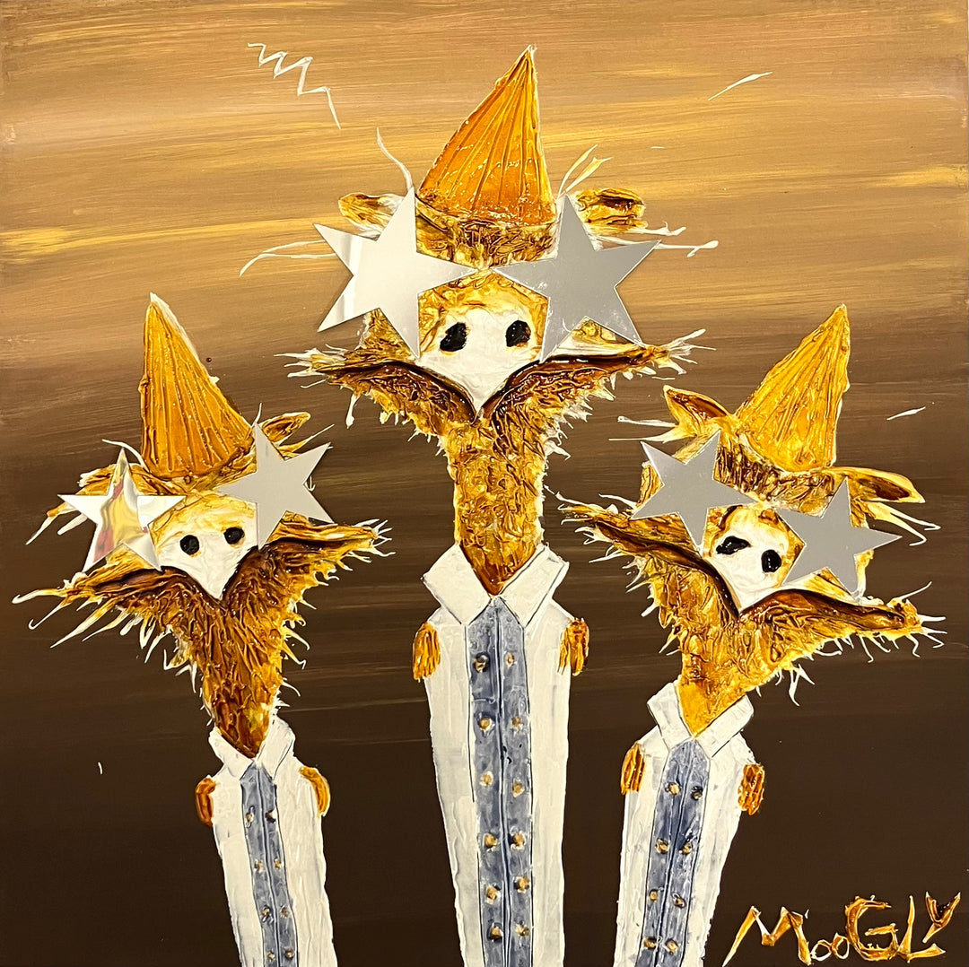 Founders by Moogly — semi-abstract humanimal portrait of three fantastical bird-like creatures wearing tall pointed hats, star sunglasses and colonial-era attire, acrylic, resin and collage on cardboard, 14x14 inches