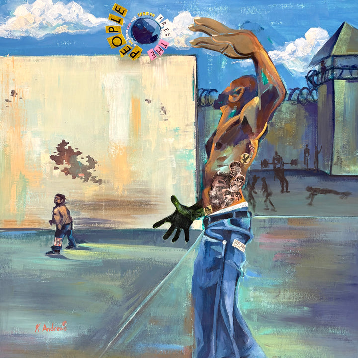 figures in prison workout year cement fences barbed wire with multi media collage of text free the people figure collage hitting ball