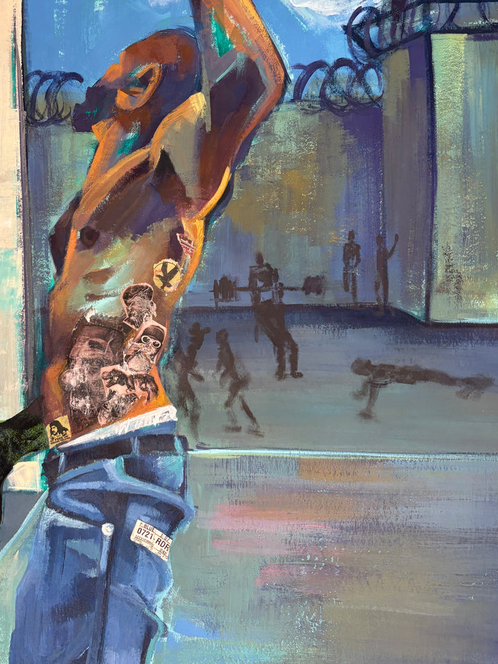 figures in prison workout year cement fences barbed wire with multi media collage of text free the people figure collage hitting ball